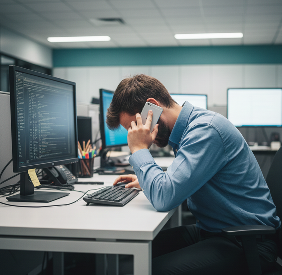 Person frustrated while explaining something on phone